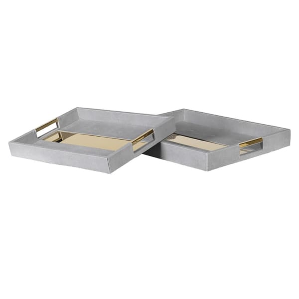 Set of 2 Faux Shagreen Trays with Gold Rim